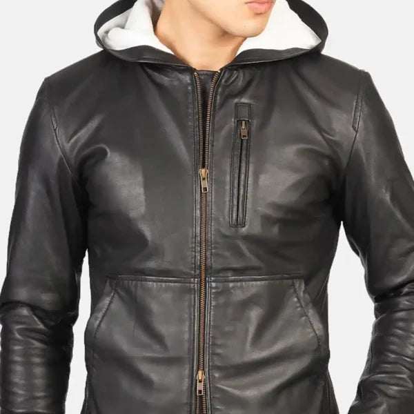 Baston Black Hooded Leather Bomber Jacket