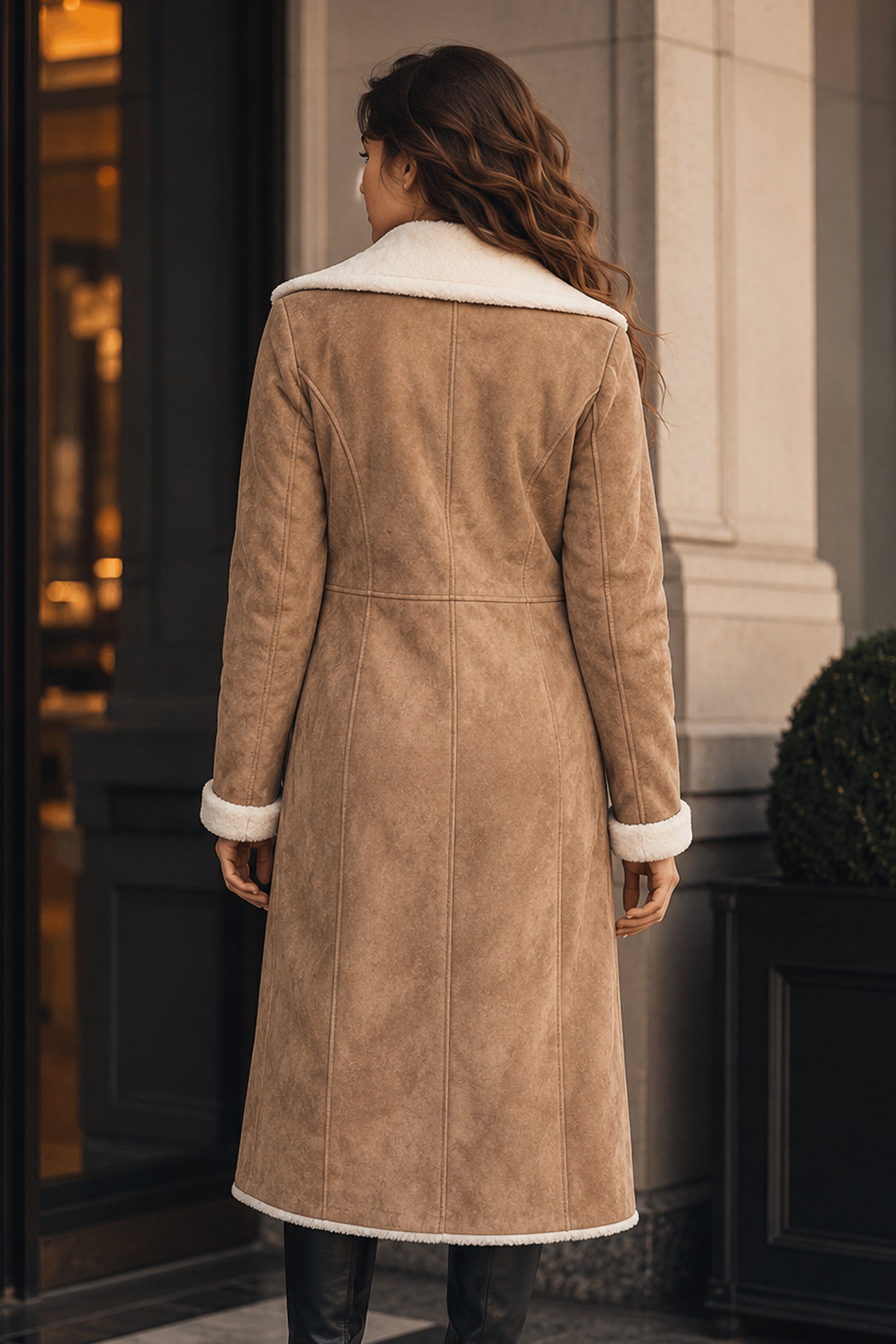 Distressed Brown Double Breasted Shearling Leather Coat