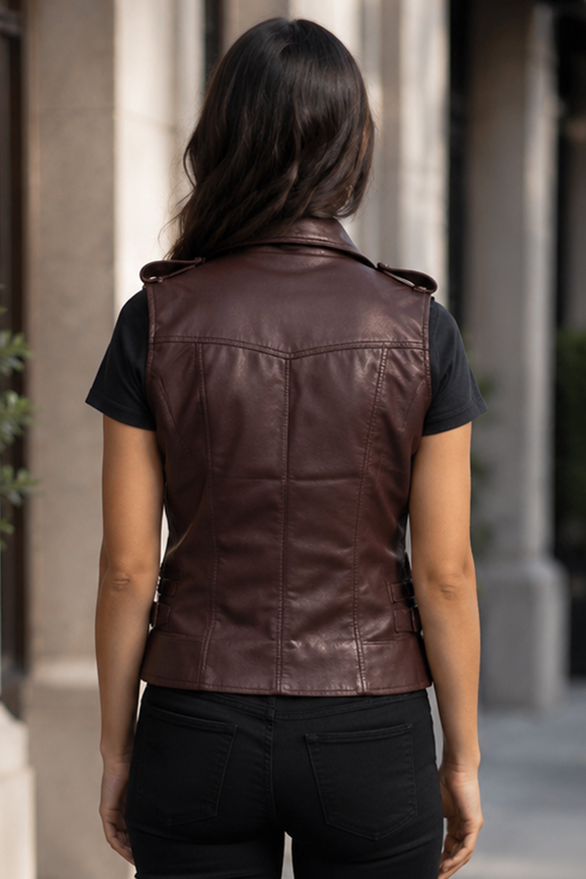 Rhonda Maroon Leather Biker Vest For Women