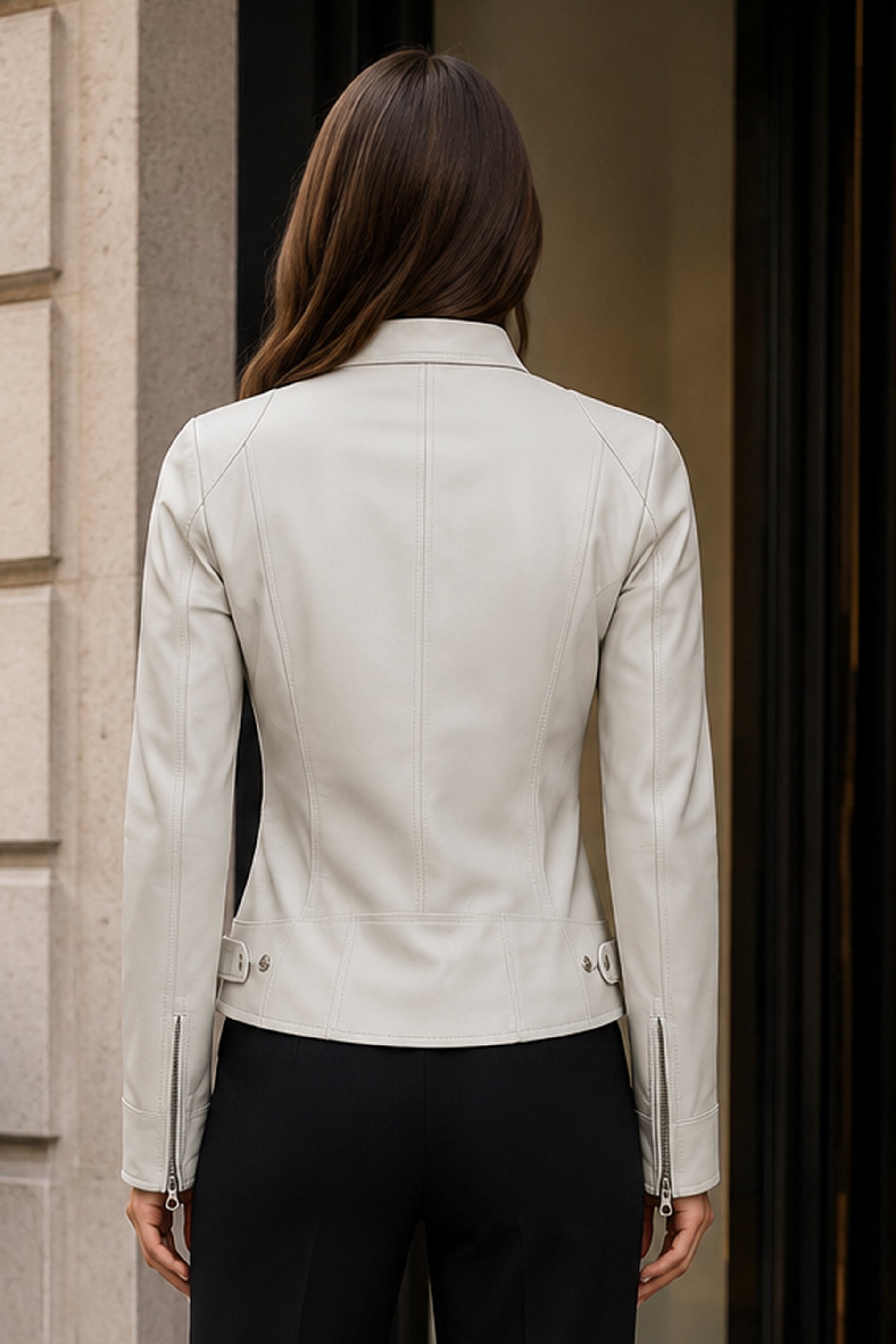 Women White Cafe Racer Leather Jacket