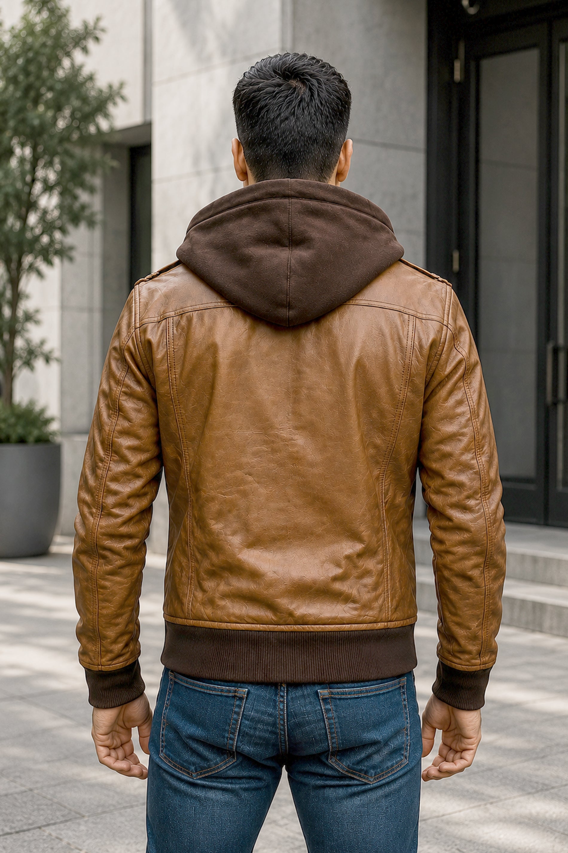 Olympus Waxed Brown Sheepskin Leather Bomber Jacket With Hood