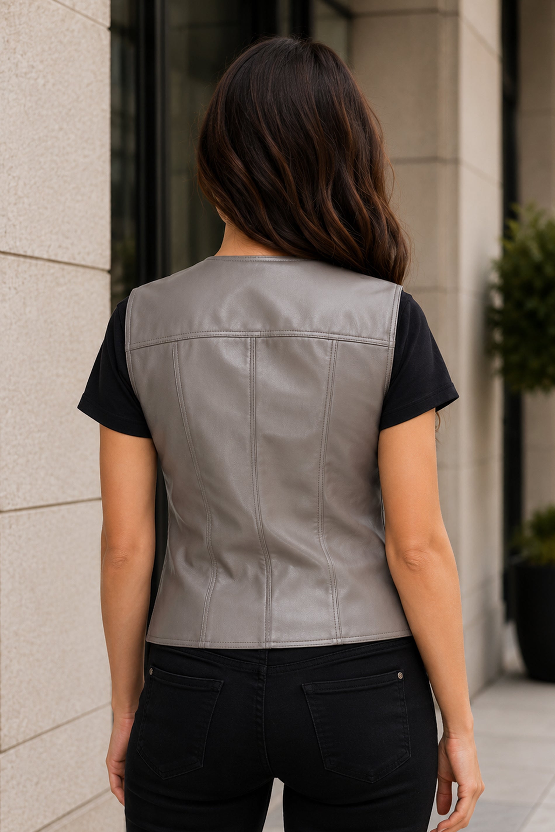 Womens V Neck Gray Leather Vest