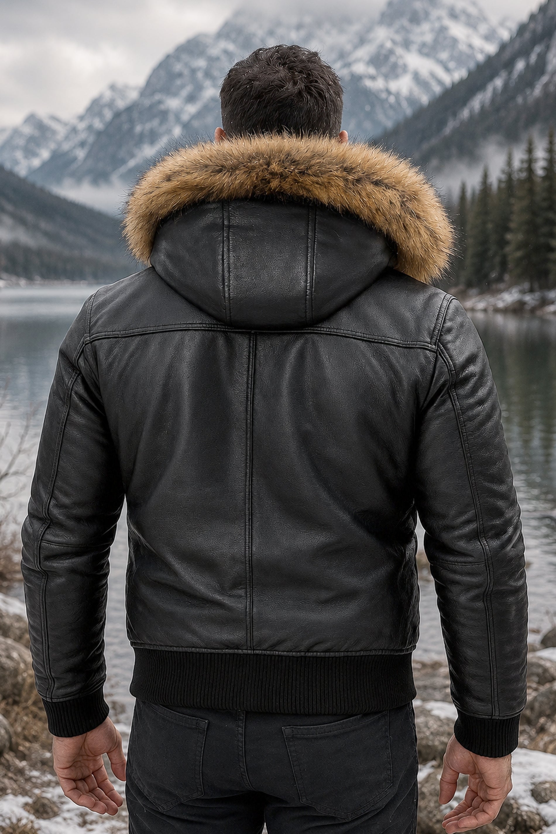 Premium Leather Bomber Jacket With Fur Trimmed Hood