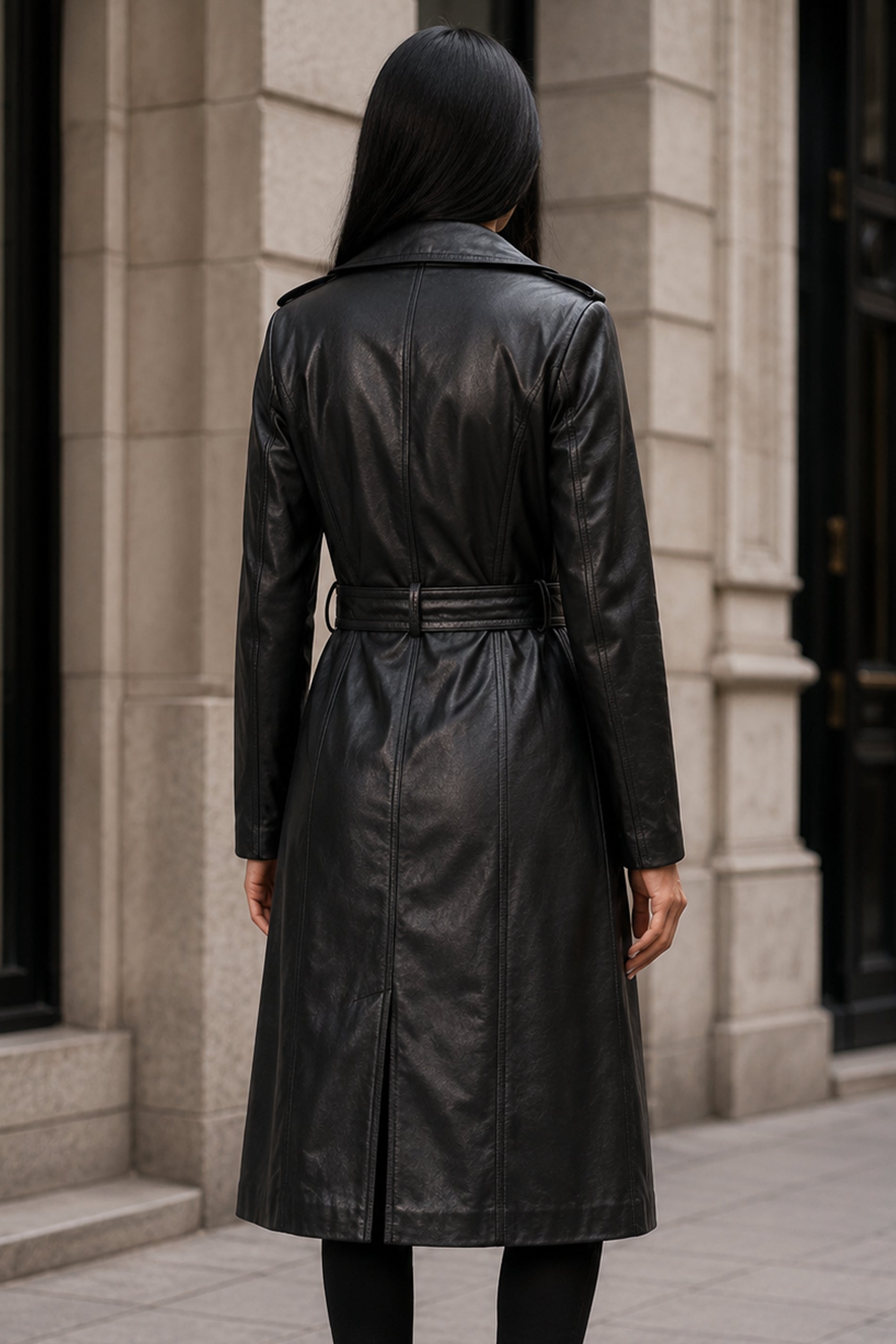 Black Double Breasted Leather Coat