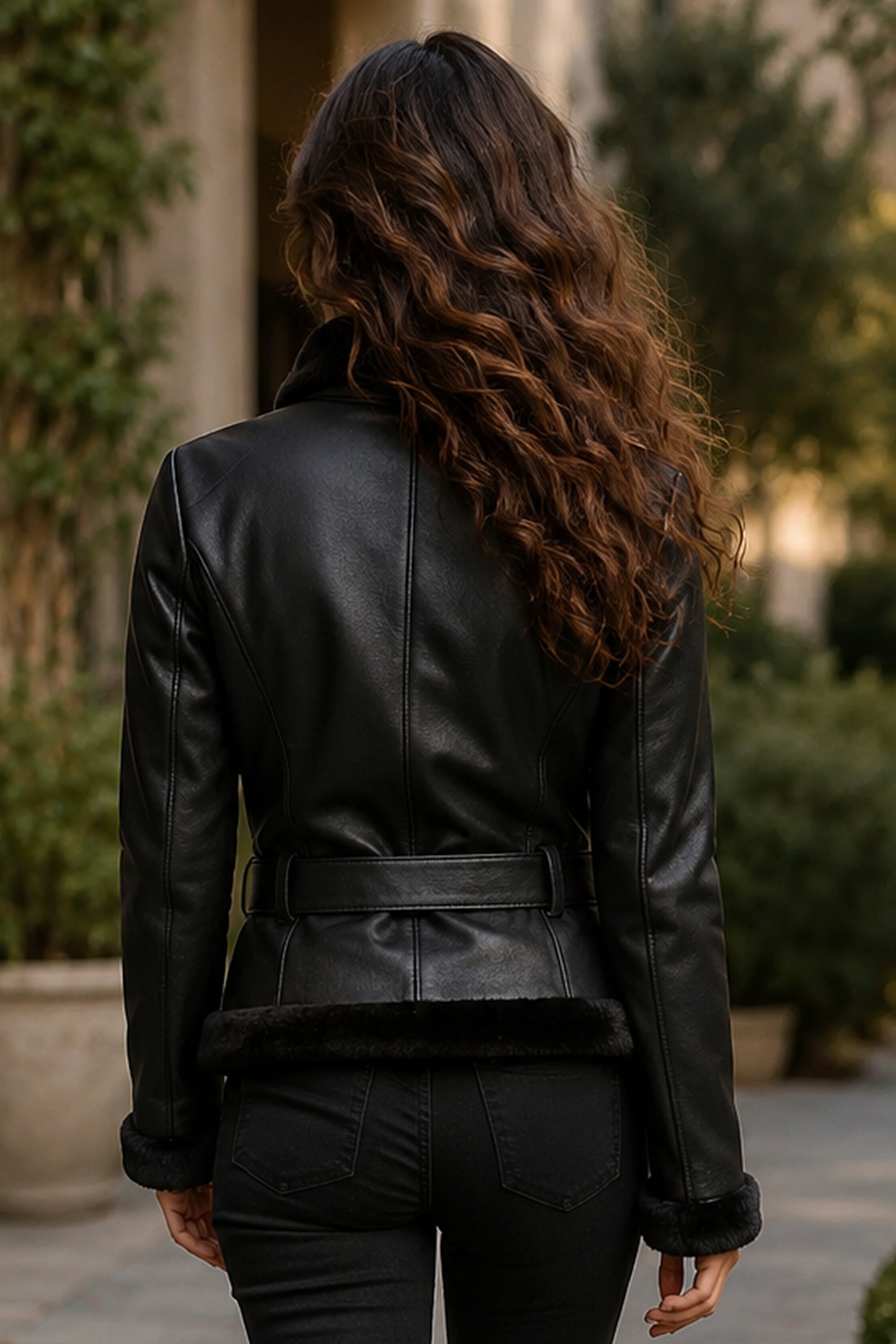 Womens Leather Sherling Black Coat
