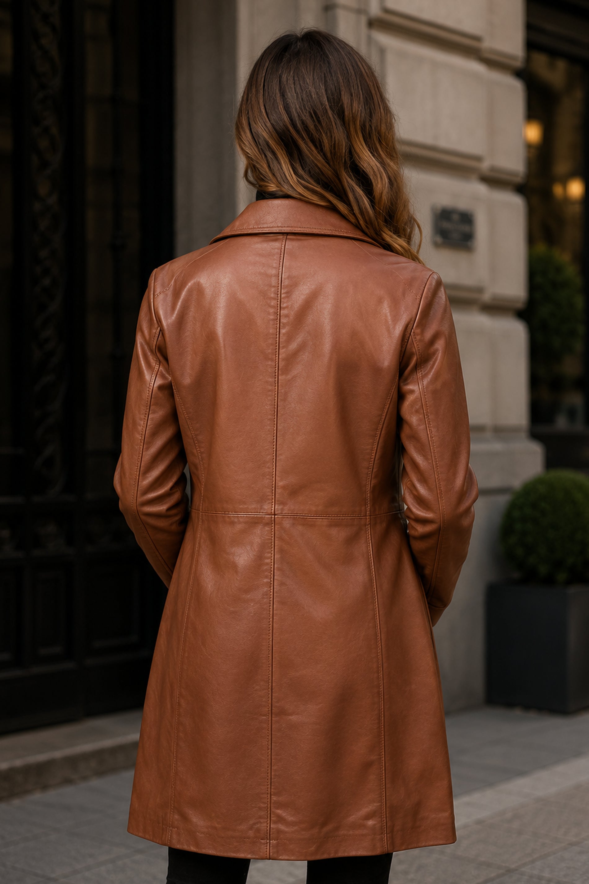 Brown Single Breasted Leather Coat