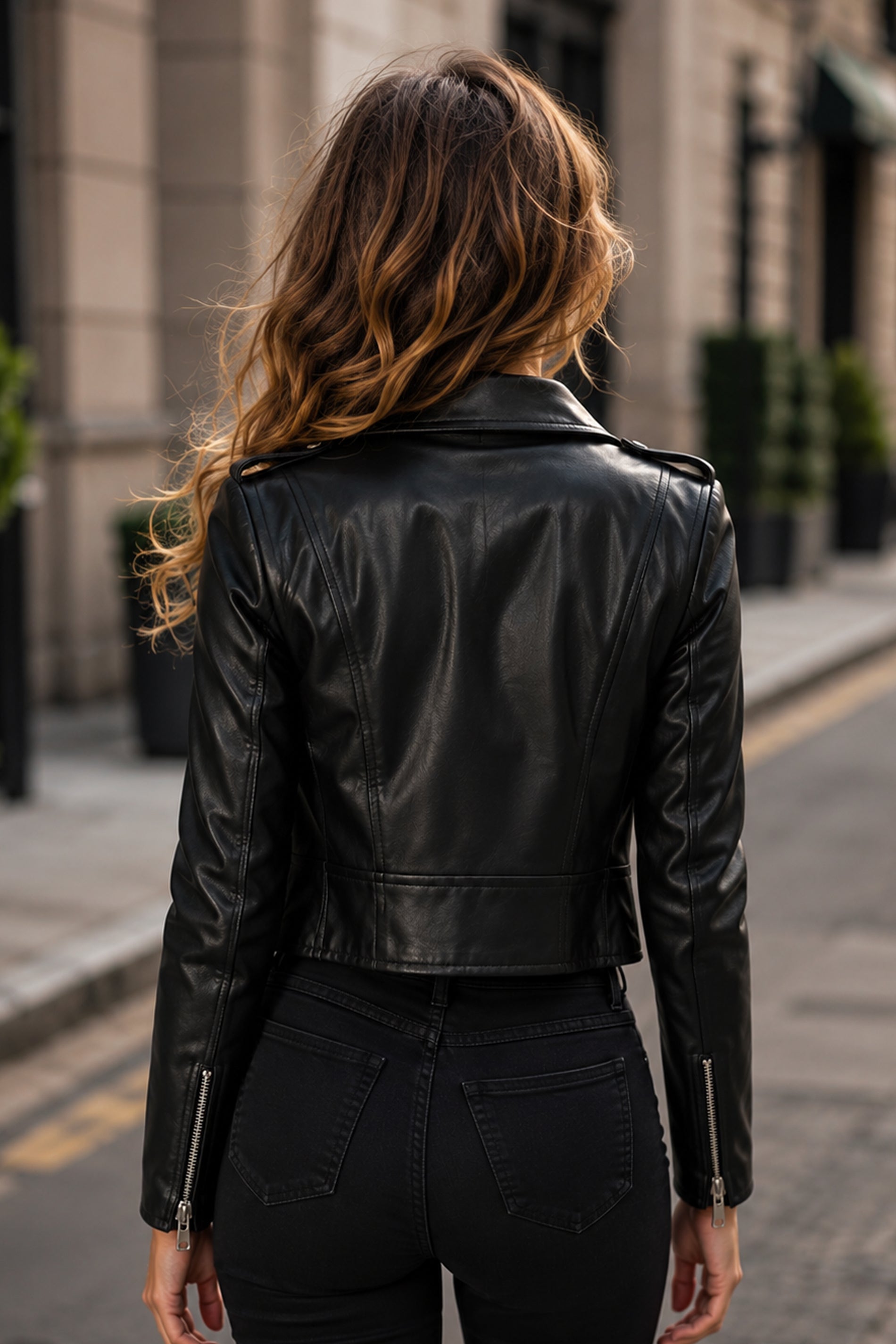 Cropped Biker Black Leather Jacket for Women