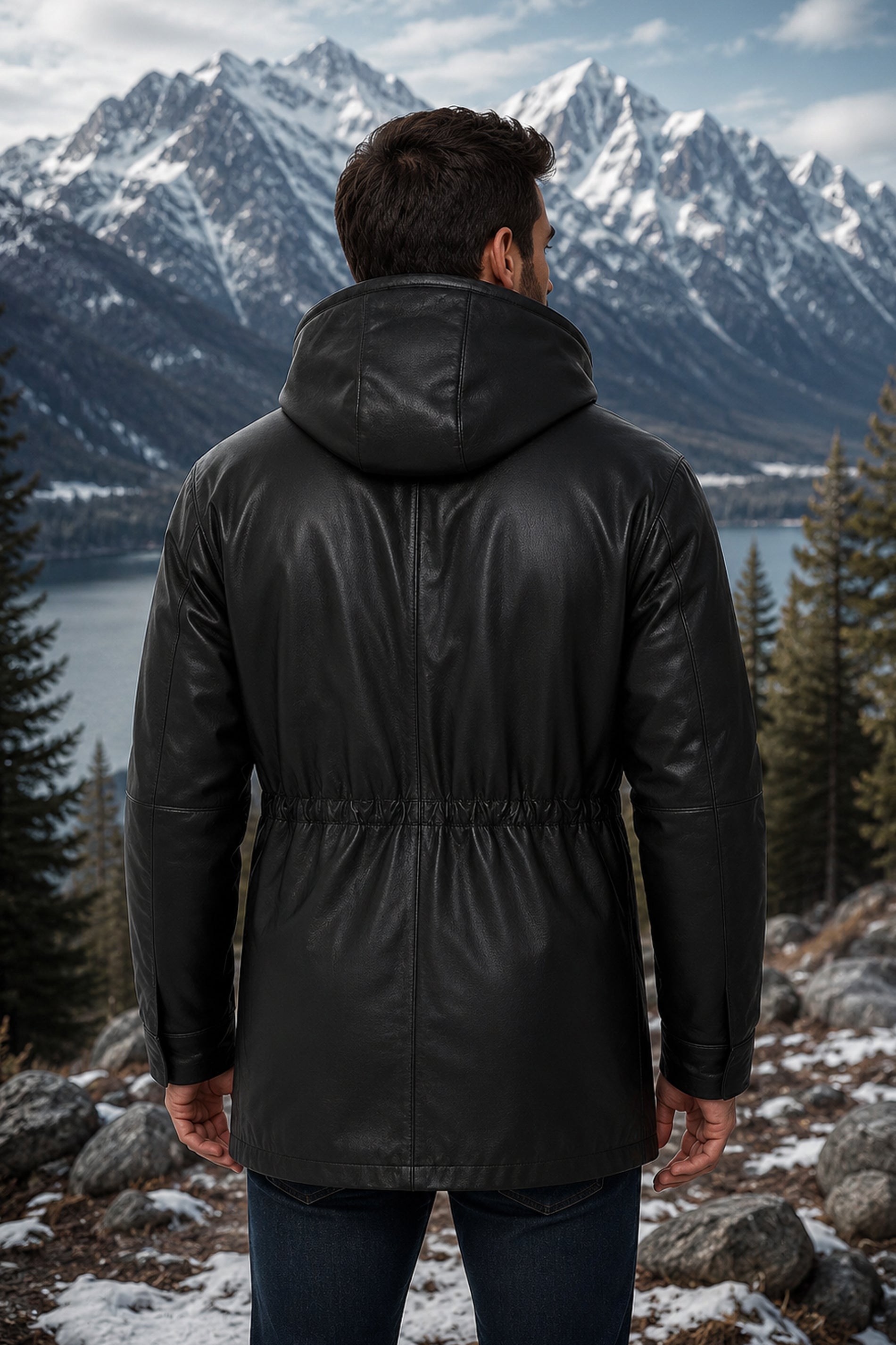 Mens Pure Leather Coat With Hood