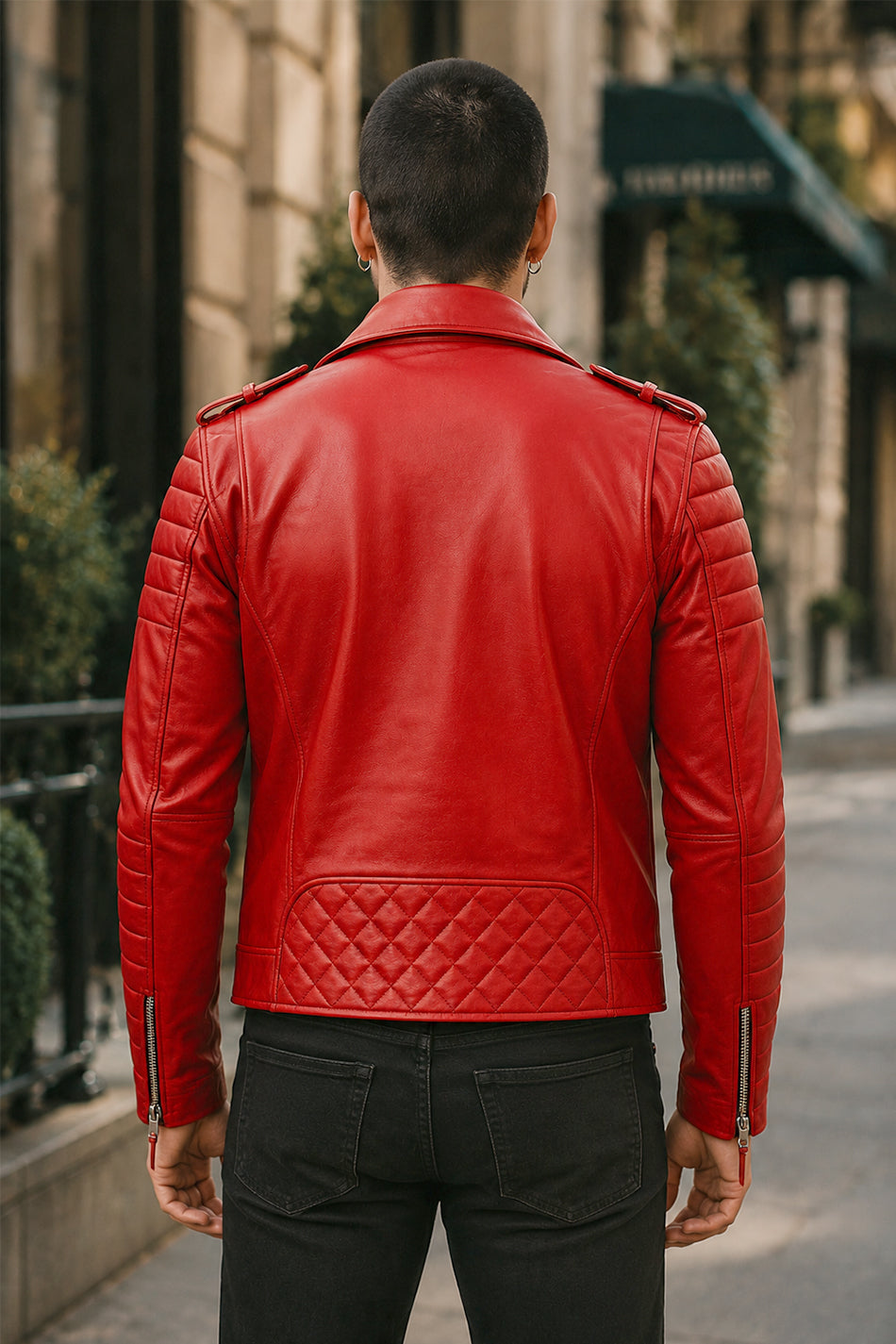 Double Breasted Mens Red Leather Biker Jacket