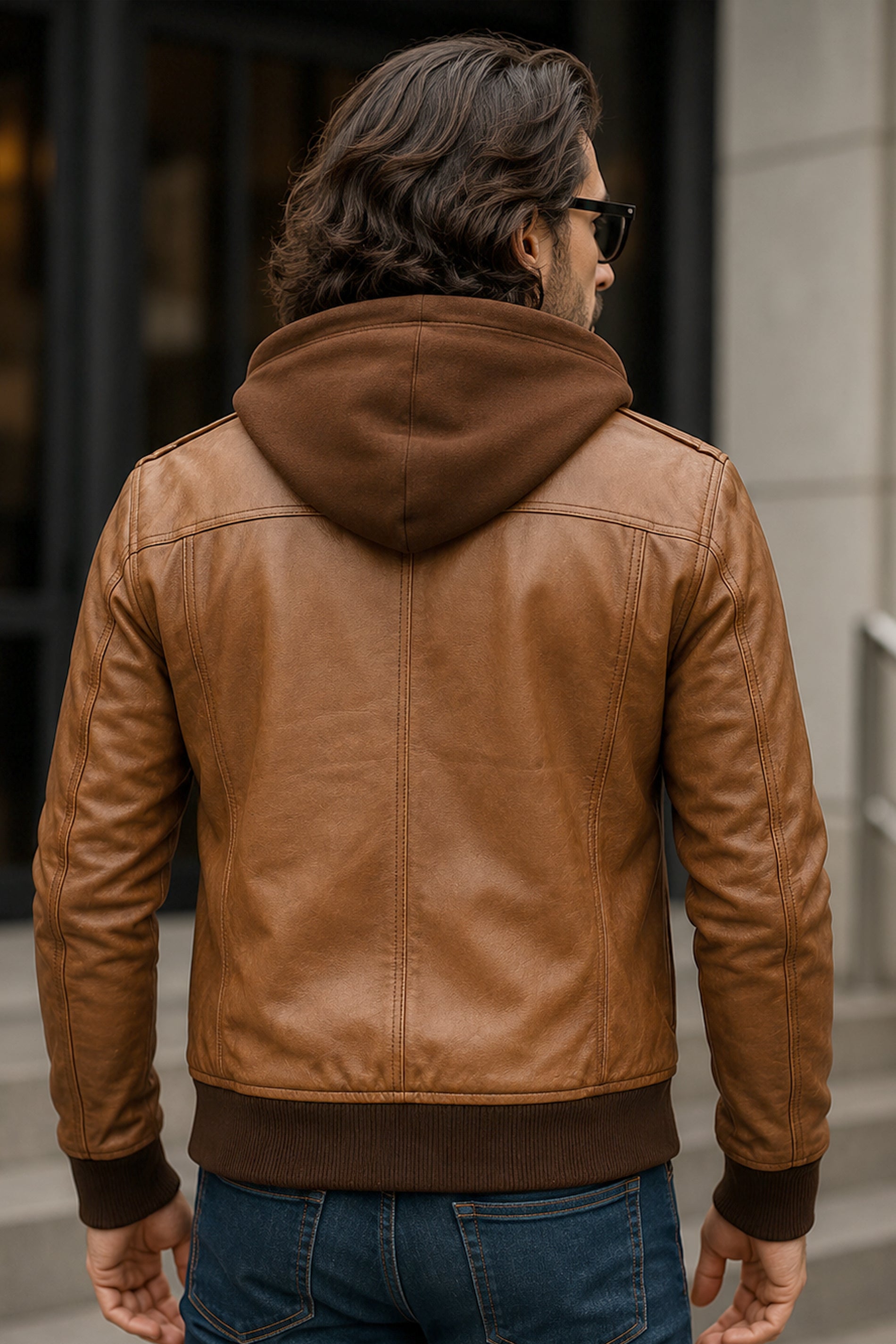 Olympus Waxed Cognac Brown Sheepskin Leather Bomber Jacket With Hood
