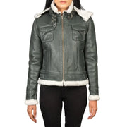Green Hooded Shearling Leather Jacket