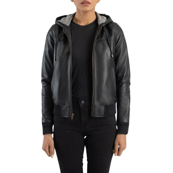 Black Hooded Bomber Leather Jacket