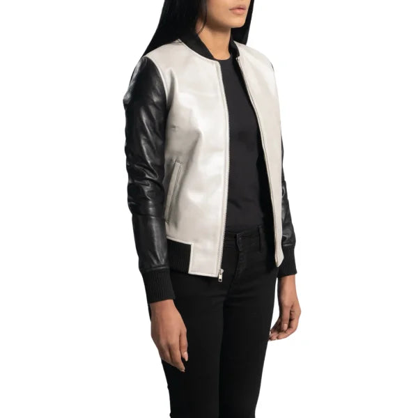 Silver Leather Bomber Jacket