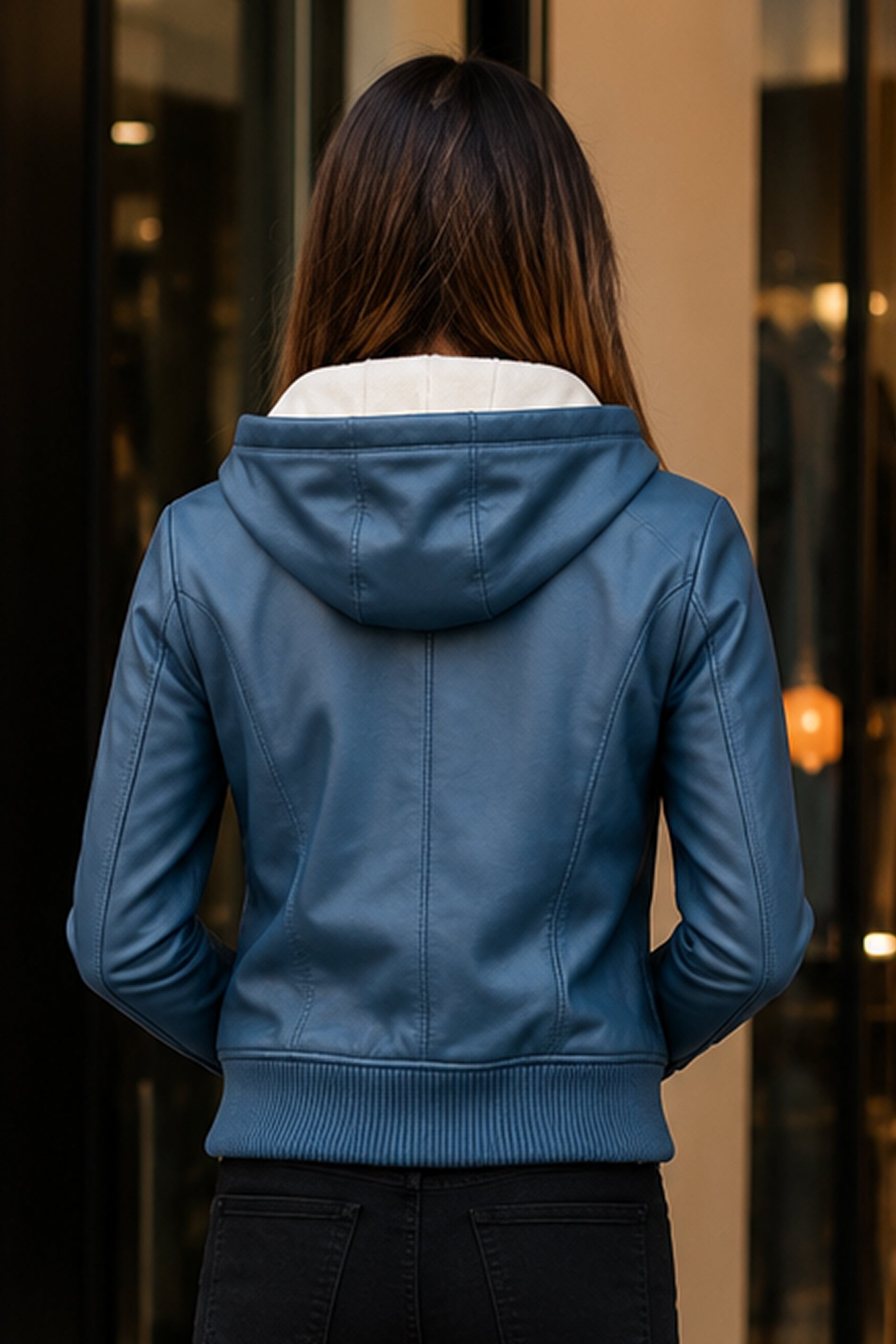 Blue Hooded Bomber Leather Jacket