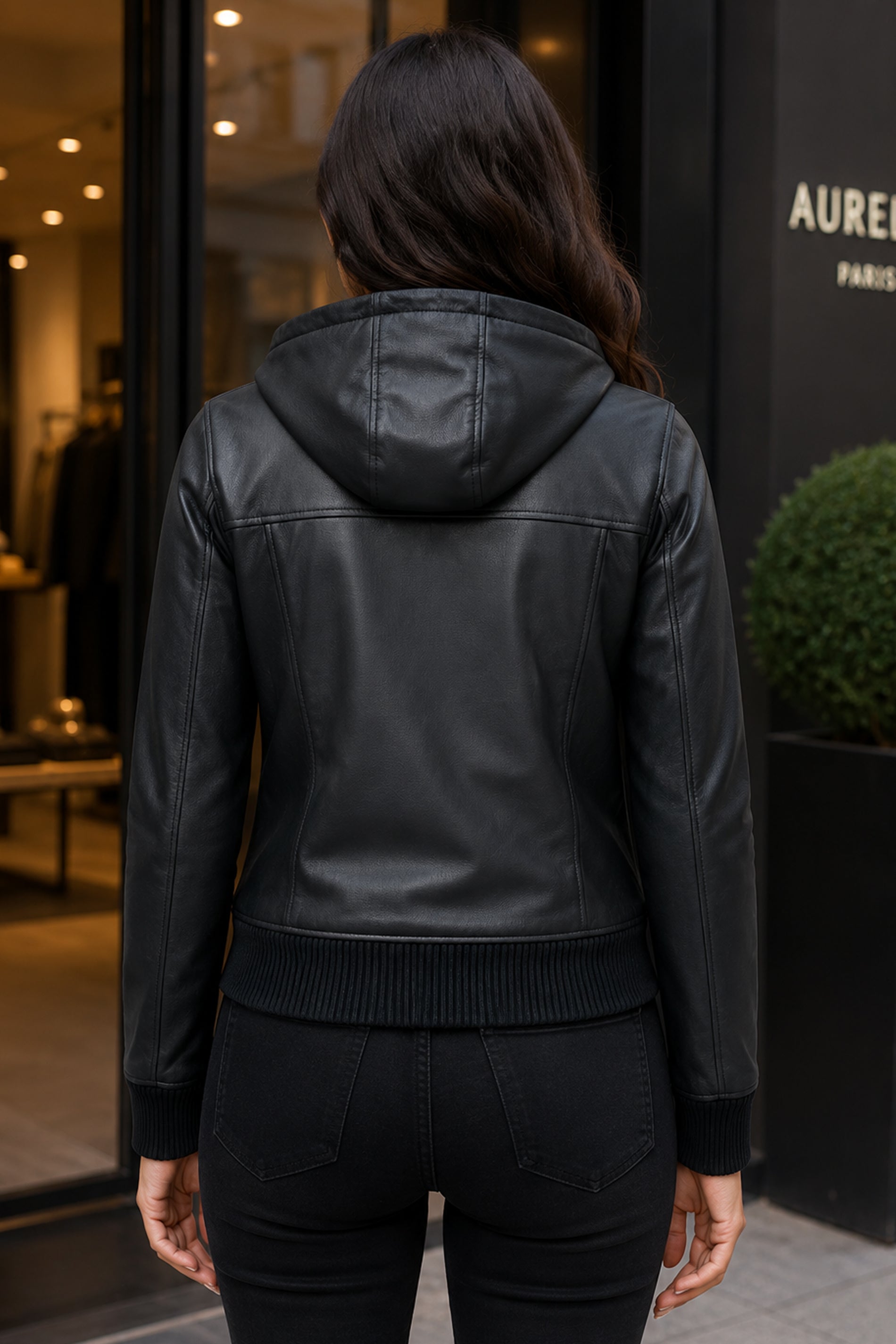 Black Hooded Bomber Leather Jacket