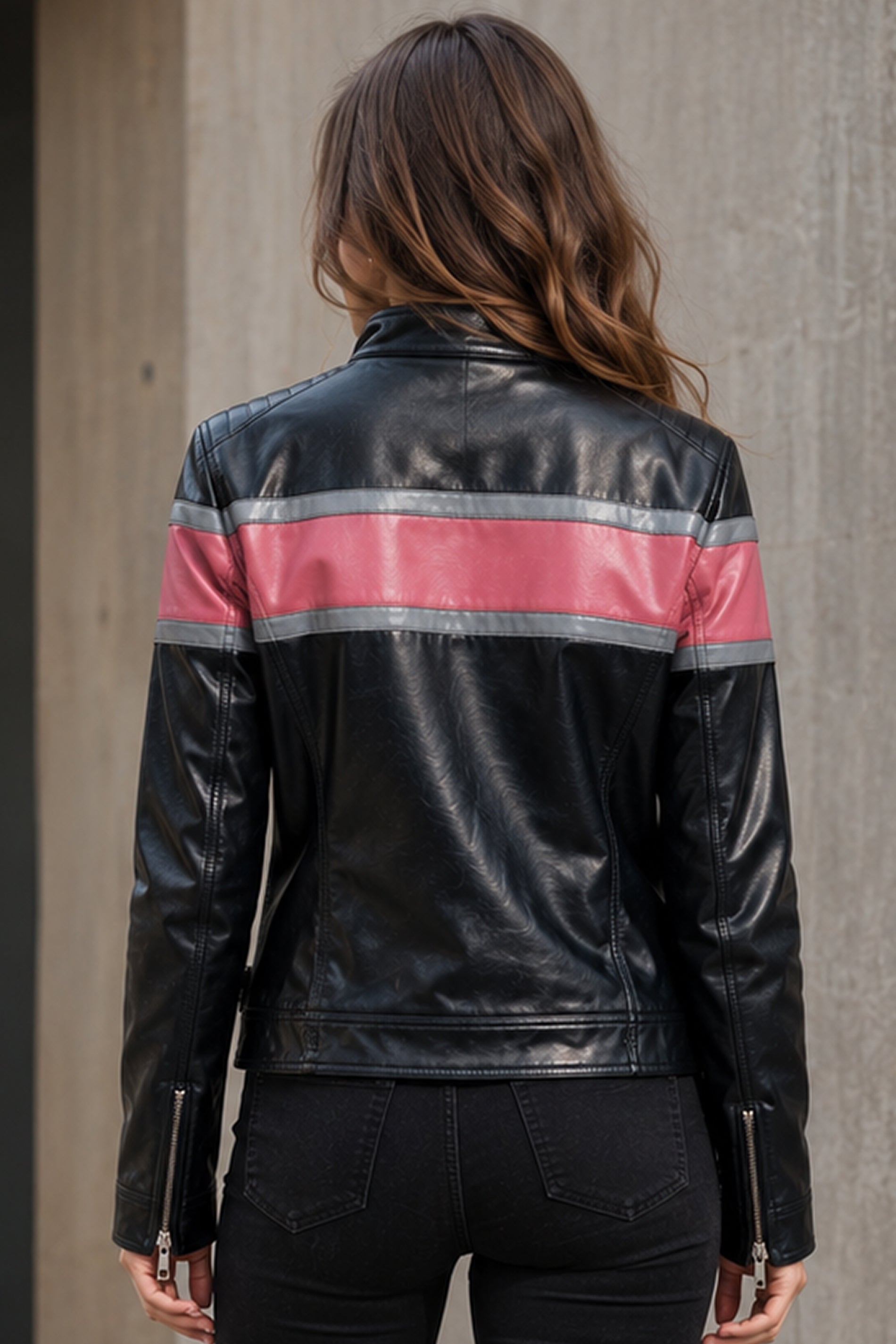 Pink Strip Bomber Leather Jacket Front