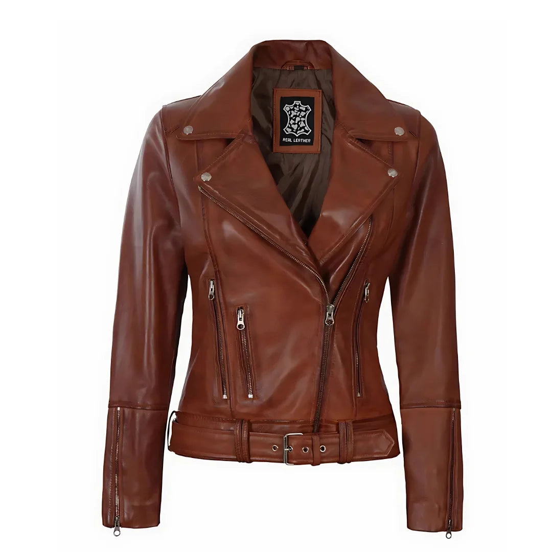Womens Cognac Leather Moto Jacket