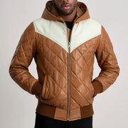 Norman Tan Hooded Bomber Leather Puffer Jacket