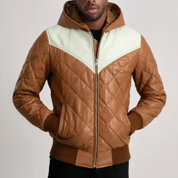 Norman Tan Hooded Bomber Leather Puffer Jacket