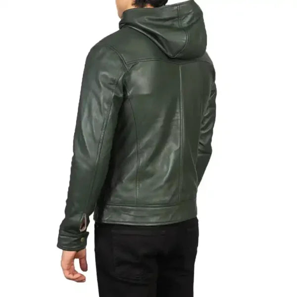 Baston Green Hooded Leather Bomber Jacket