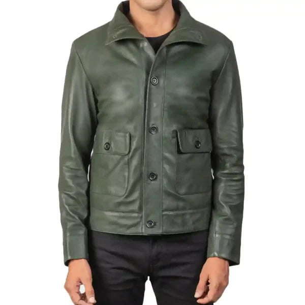 Columbus Green Leather Bomber Jacket