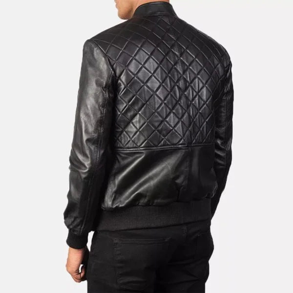 Handmade Black Quilted Bomber Leather Jacket