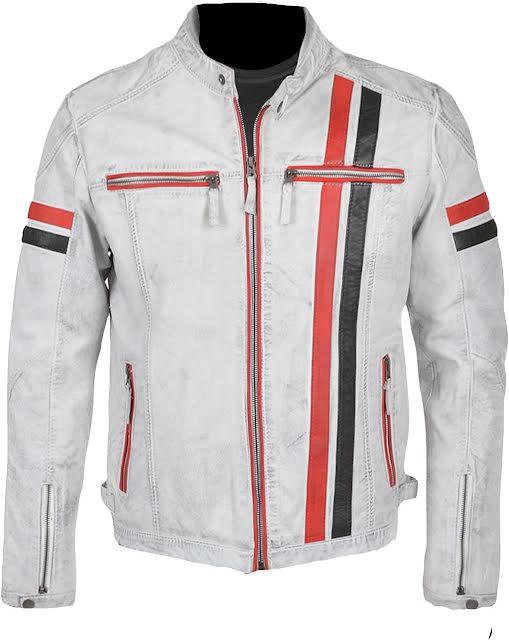 Men's White Leather Racing Jacket With Red & Black Stripes - Biker Style