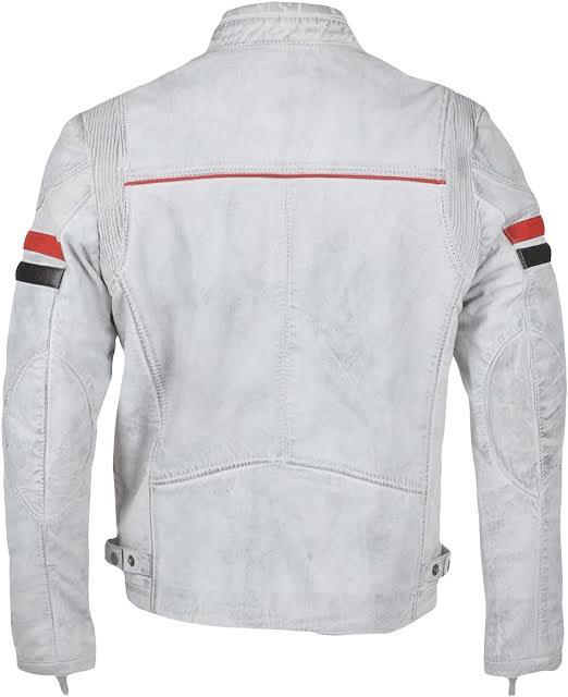 Men's White Leather Racing Jacket With Red & Black Stripes - Biker Style