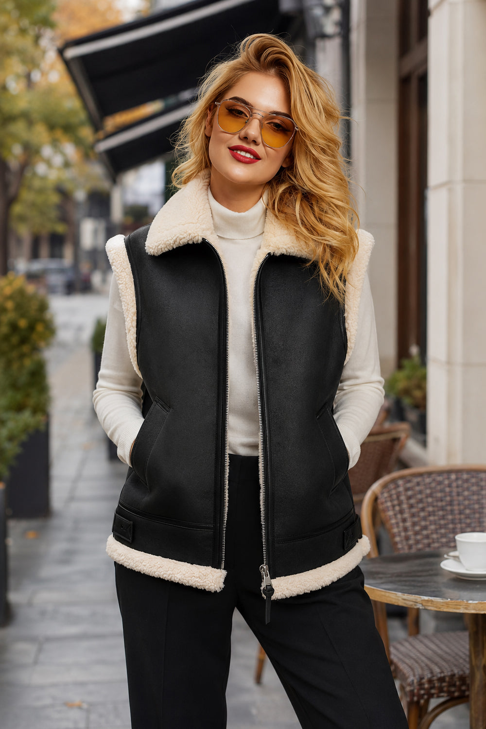 Black Shearling Leather Vest
