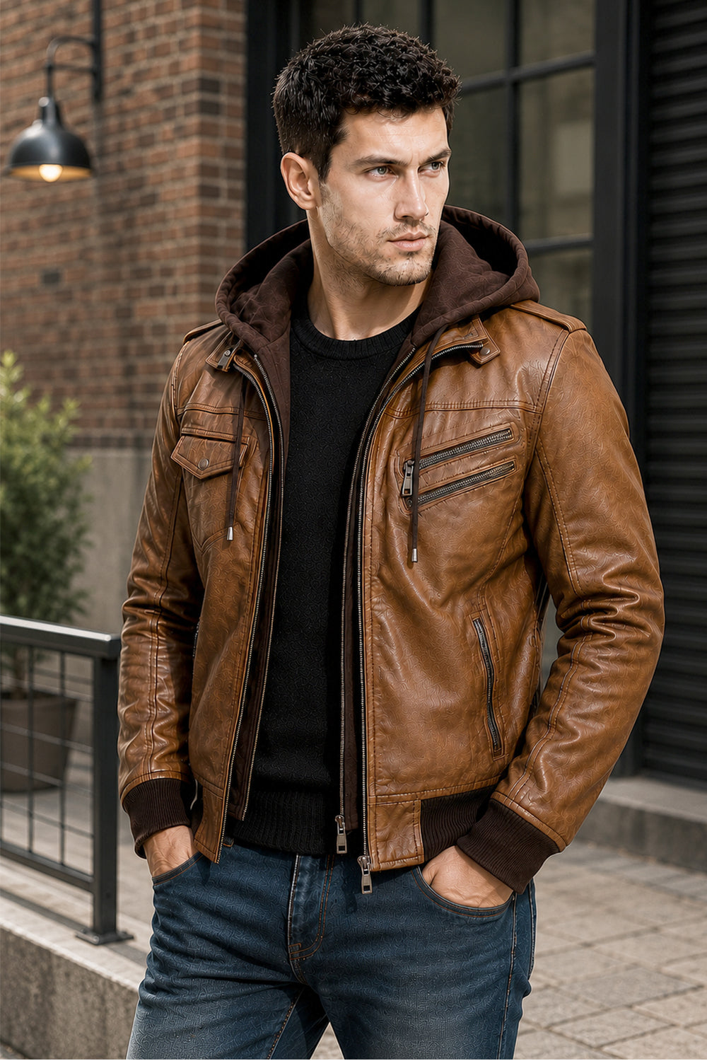 Olympus Waxed Brown Sheepskin Leather Bomber Jacket With Hood