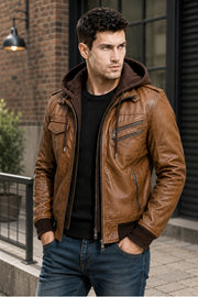 Olympus Waxed Brown Sheepskin Leather Bomber Jacket With Hood