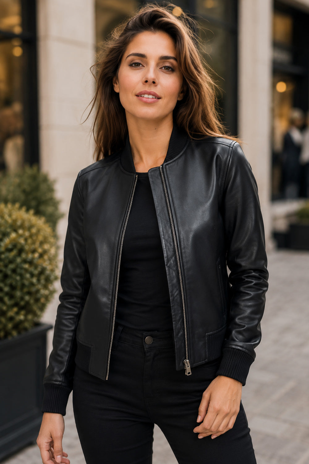 Bliss Black Leather Bomber Jacket