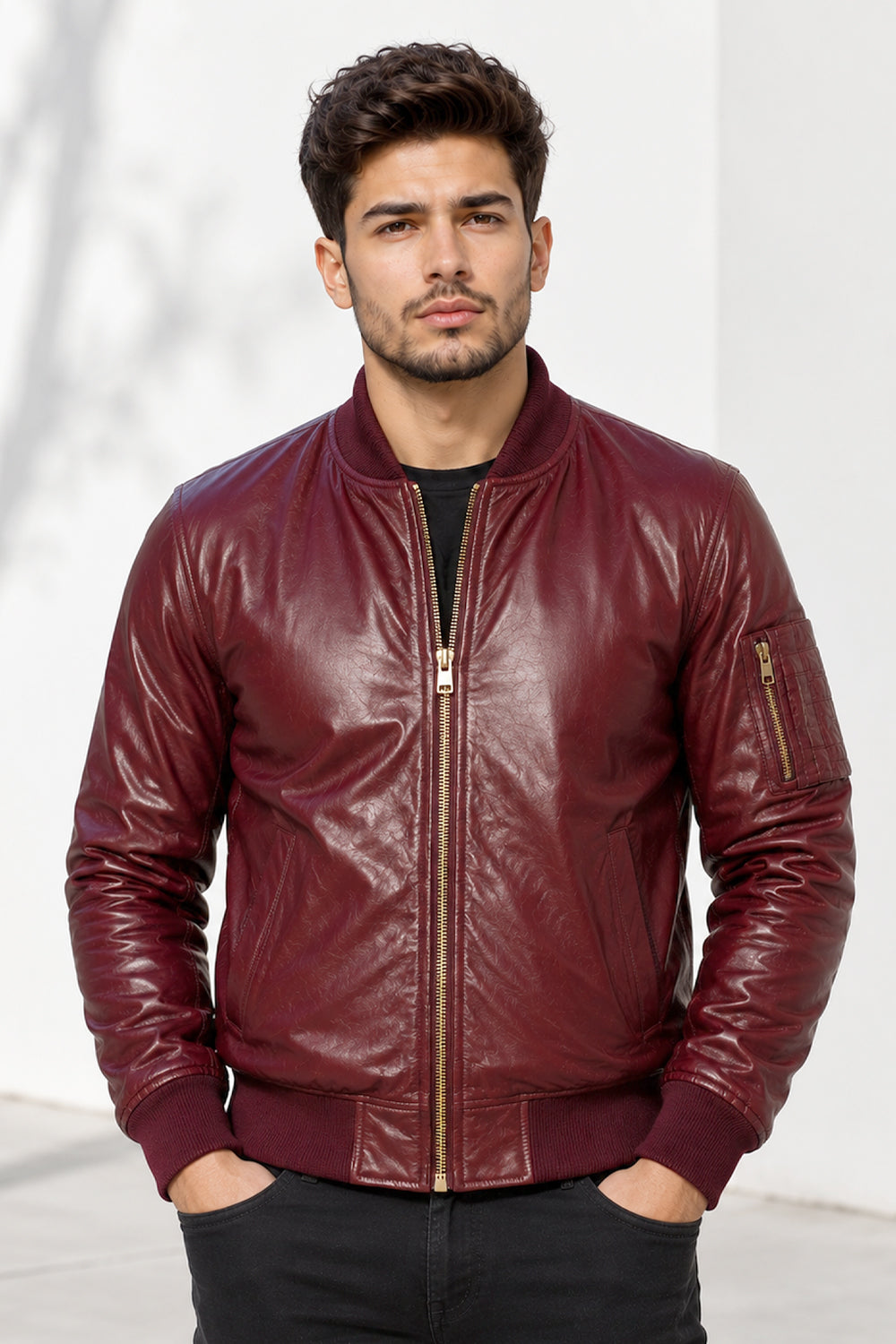 Meridian Burgundy Gloss Leather Bomber Jacket