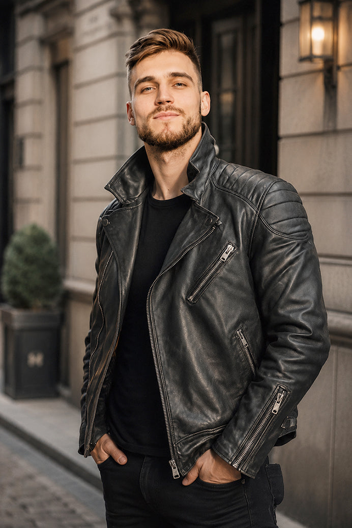 Maverick Charcoal Grey Leather Biker Jacket