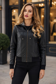 Black Hooded Bomber Leather Jacket