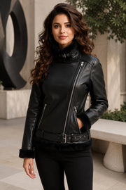 Womens Leather Sherling Black Coat