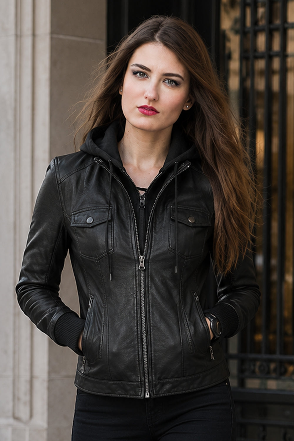 Women Black Leather Biker Jacket