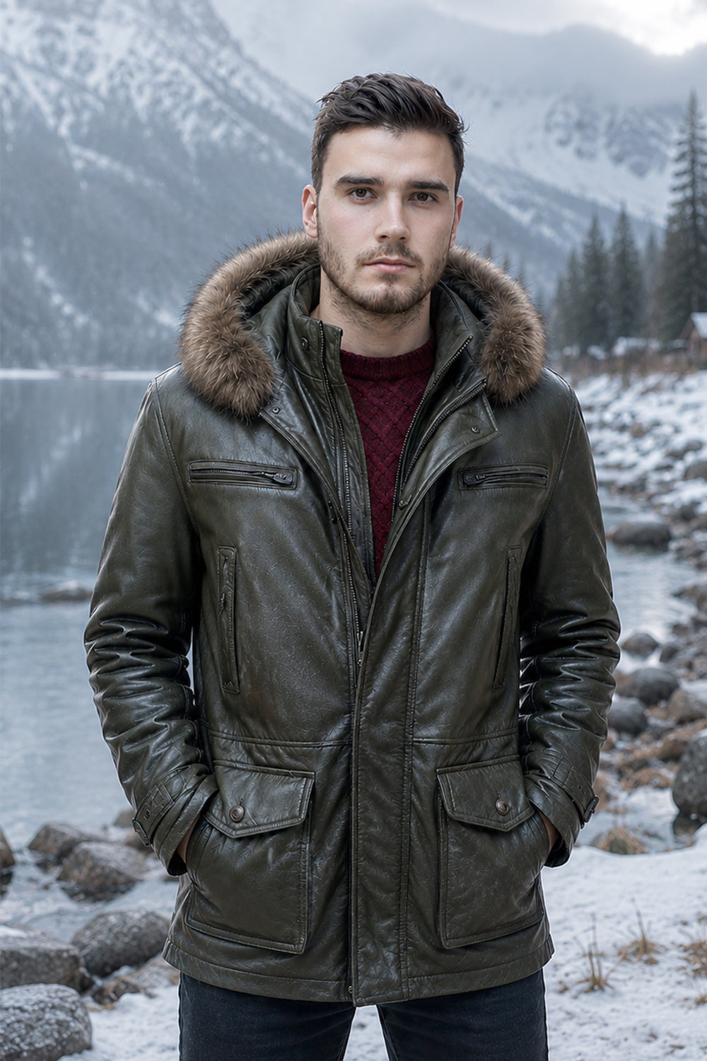 Everton Olive Green Leather Parka