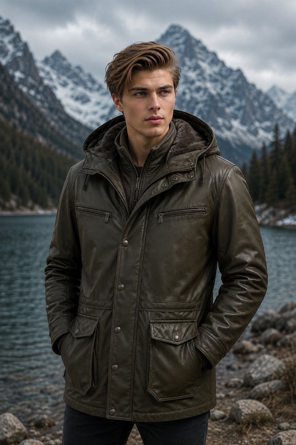 Thorndale Olive Green Leather Parka
