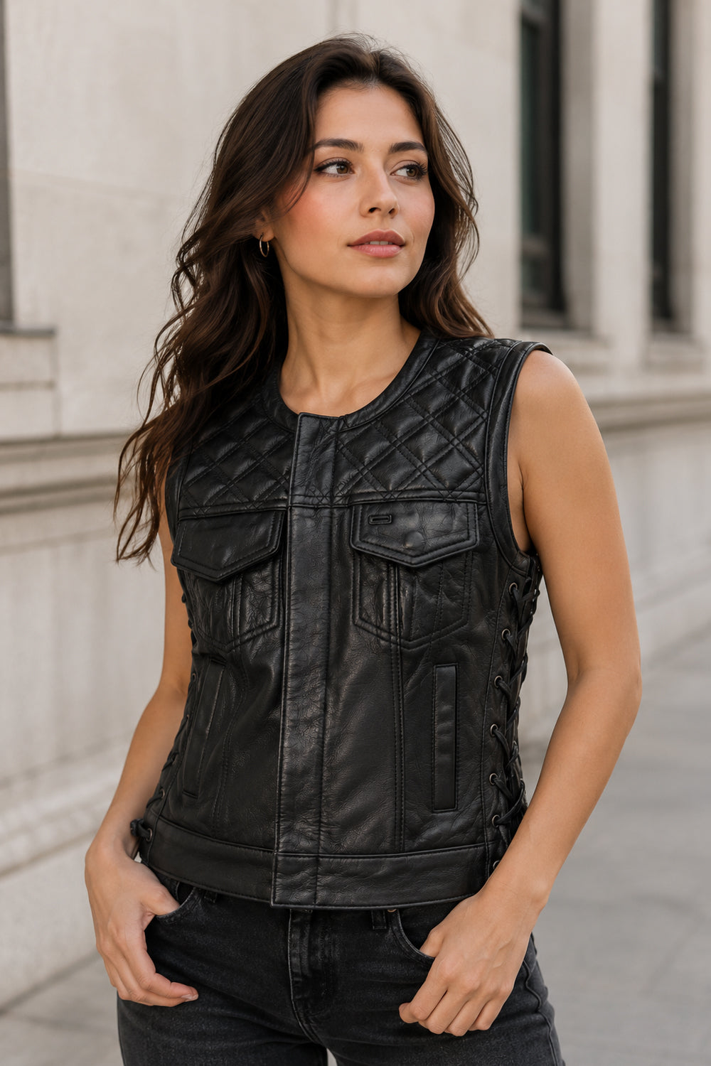 Womens Quilted Black Leather Vest