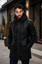 Mens Pure Leather Coat With Hood