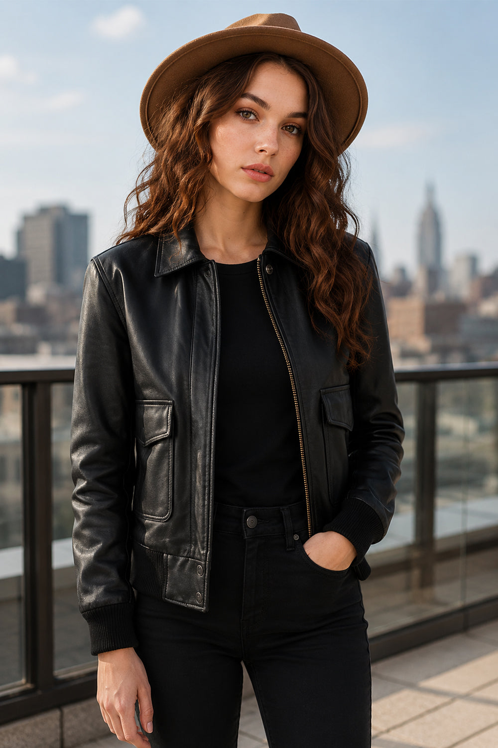 Women’s Black Leather Bomber Jacket