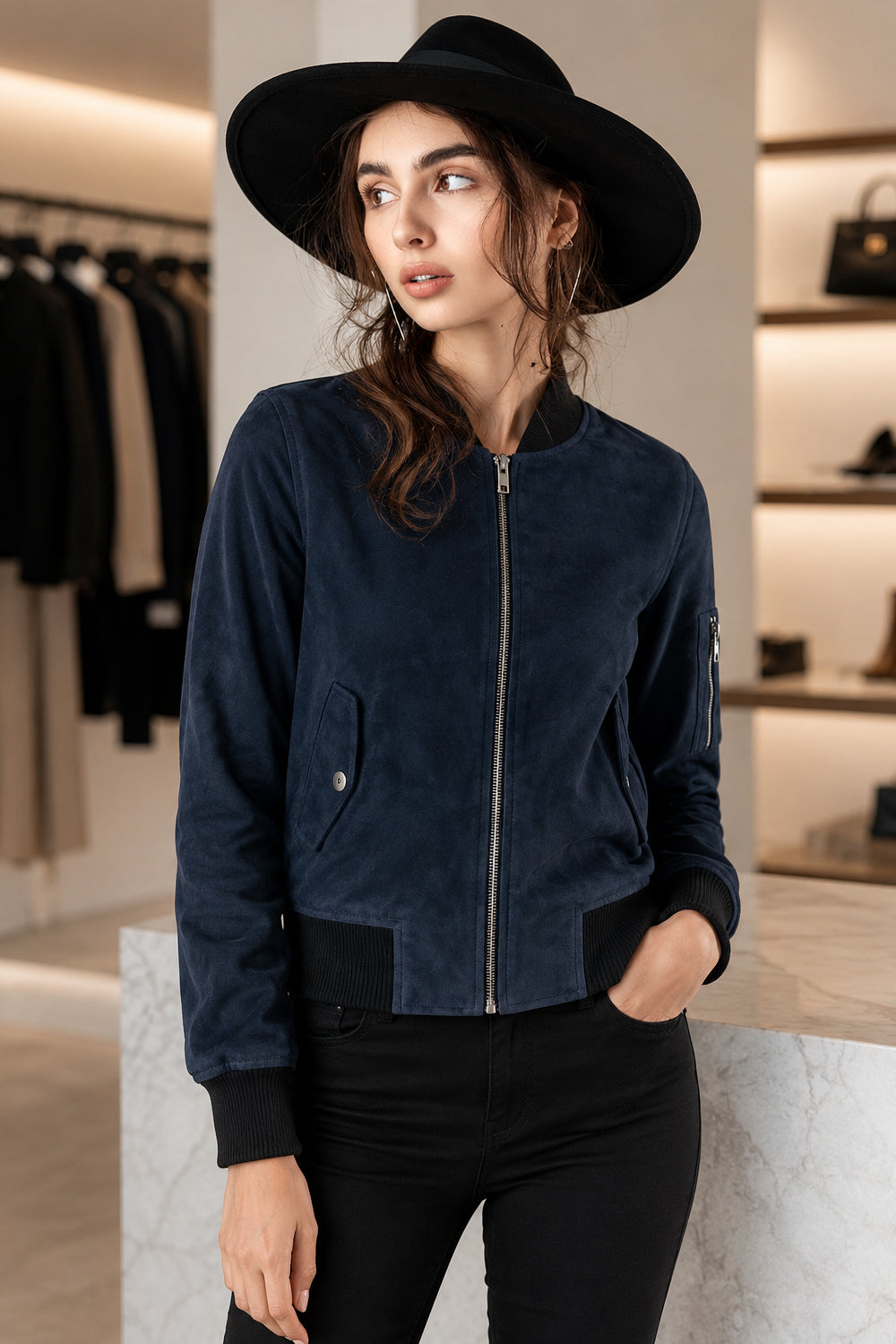 Blue Suede Bomber Jacket