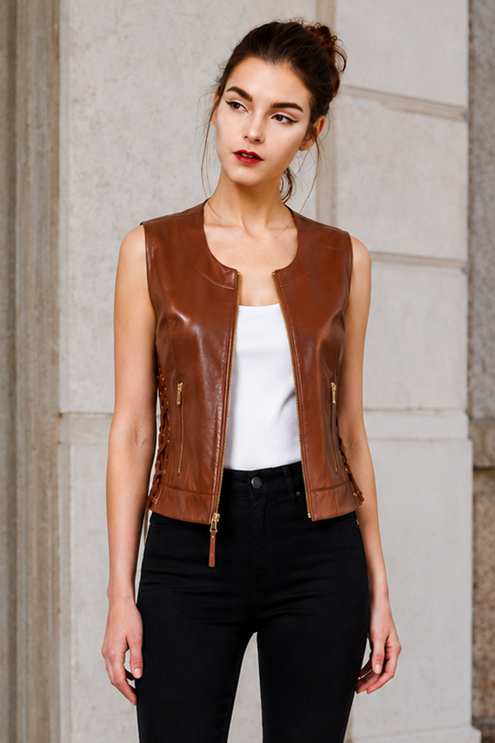 Women 27s Rayne Moto Brown Leather Vest