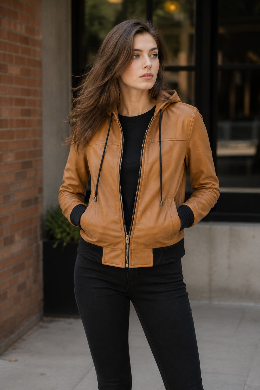 Brown Hooded Bomber Leather Jacket