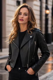 Cropped Biker Black Leather Jacket for Women