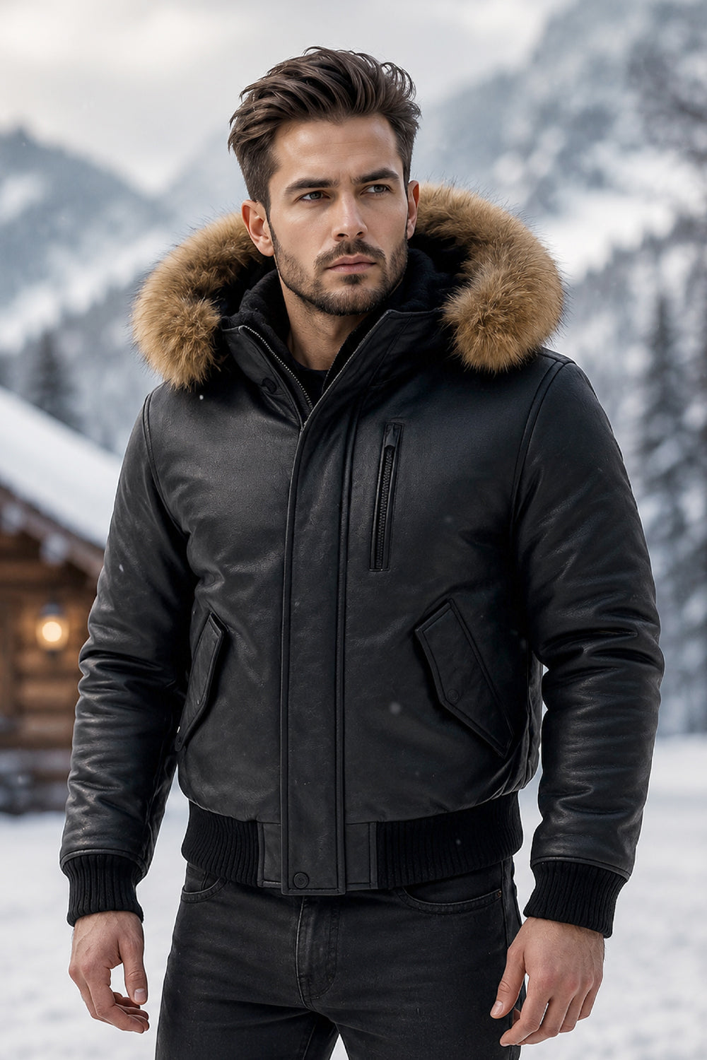 Premium Leather Bomber Jacket With Fur Trimmed Hood