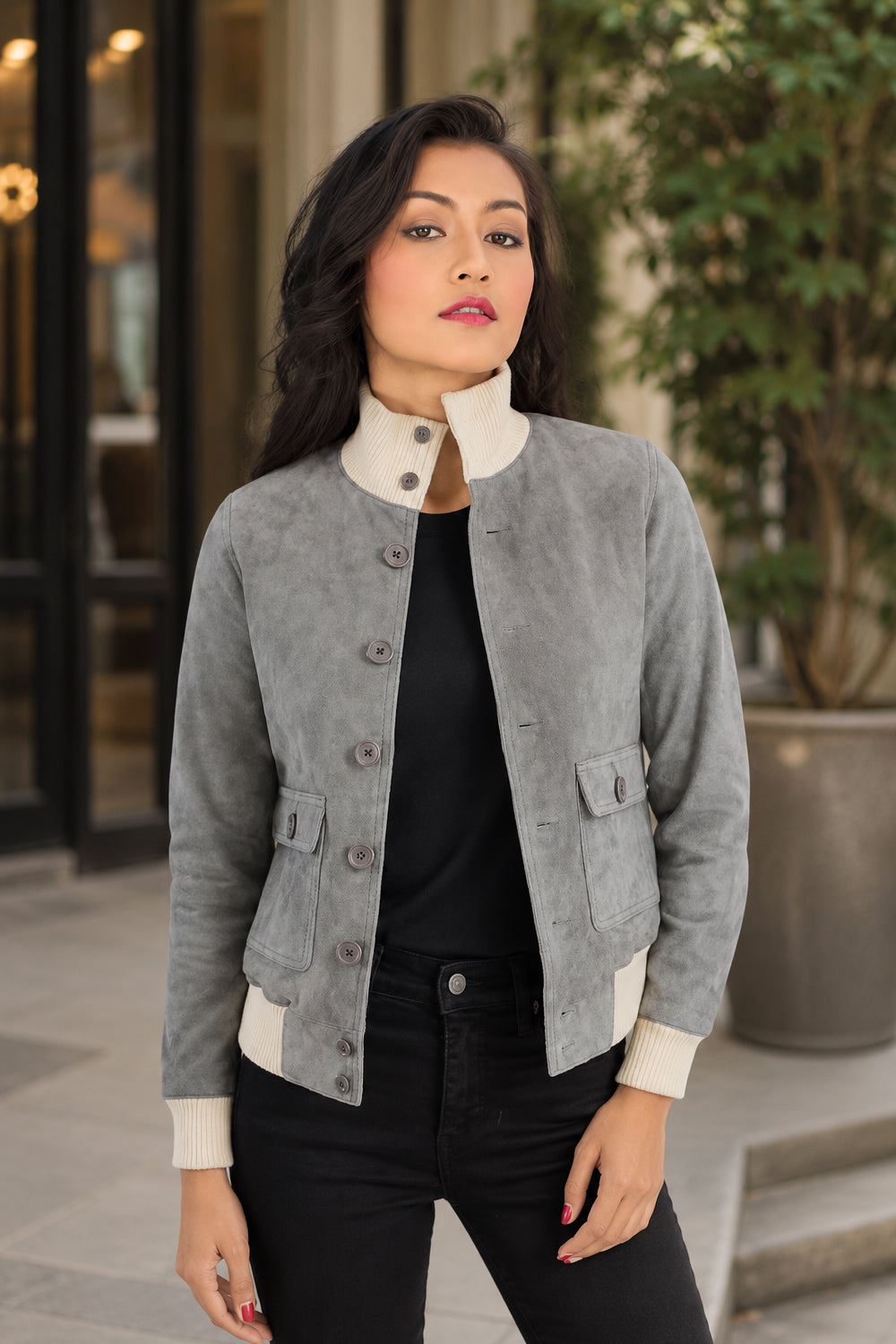 Grey Suede Bomber Jacket