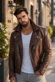 Maverick Rust Brown Distressed Leather Biker Jacket