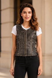 Women 27s Vanda Distressed Brown Leather Biker Vest
